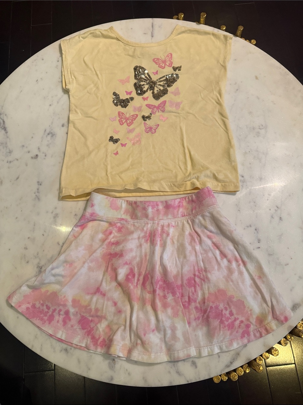 The Children's Place Yellow Butterfly Tee and Pink Tie-Dye Skirt Set